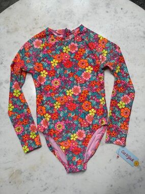 Cat & Jack Pink Floral Long-Sleeve Swimsuit - Large